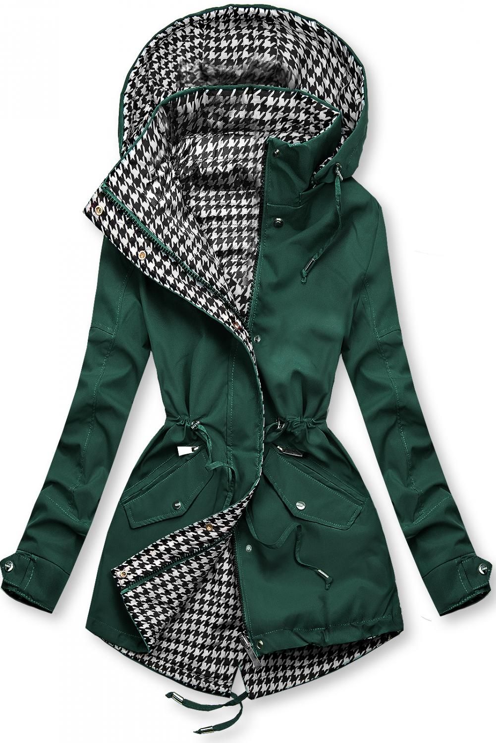 Leichter Parka mit Kapuze Grün/Hahnentrittmuster
