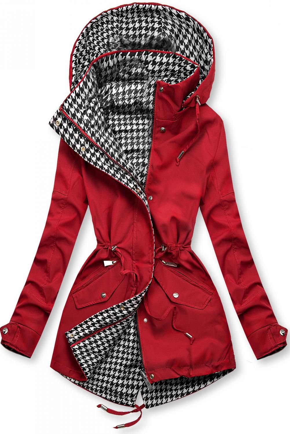 Leichter Parka mit Kapuze Rot/Hahnentrittmuster