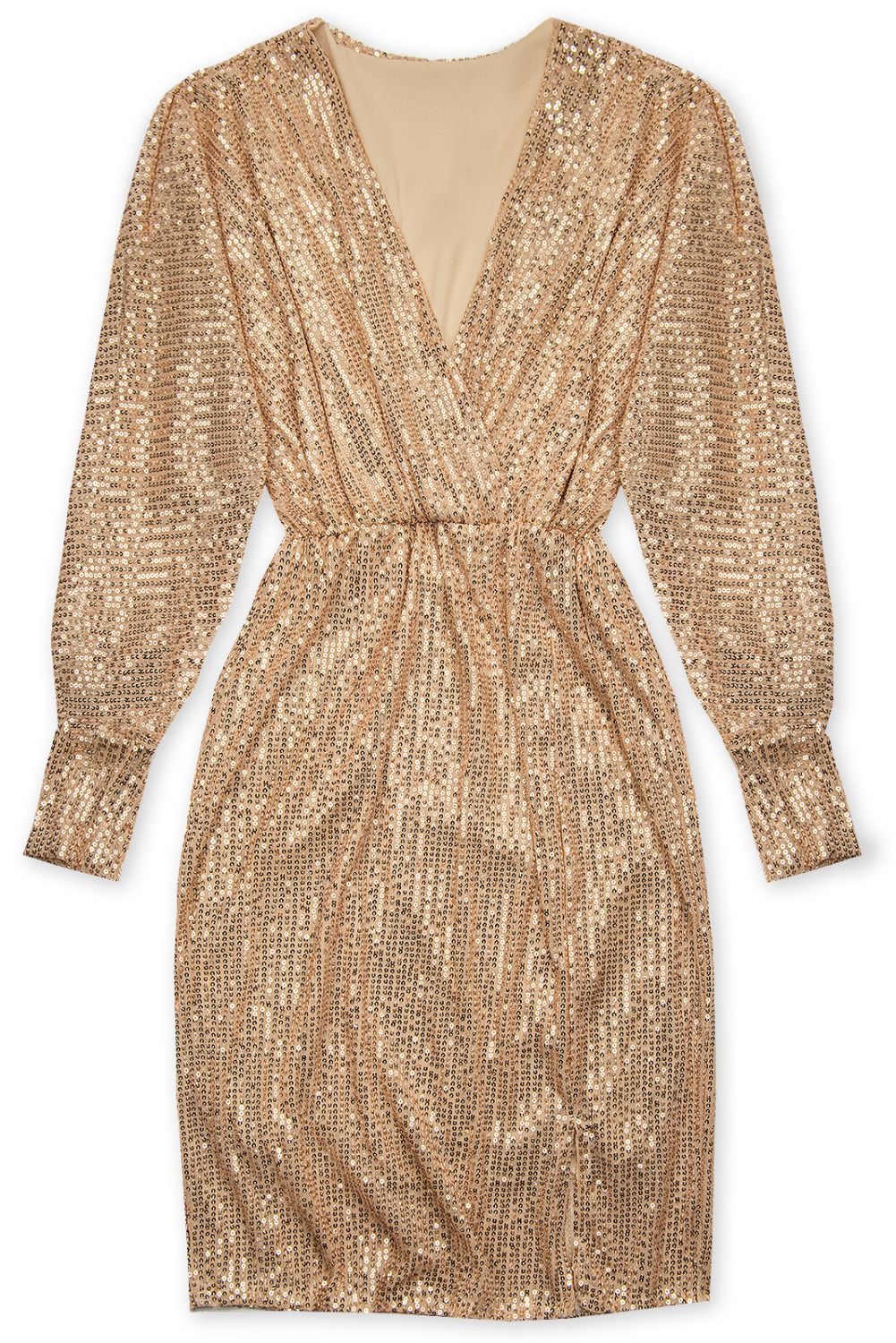 Pailletten Kleid mit V-Ausschnitt Beige