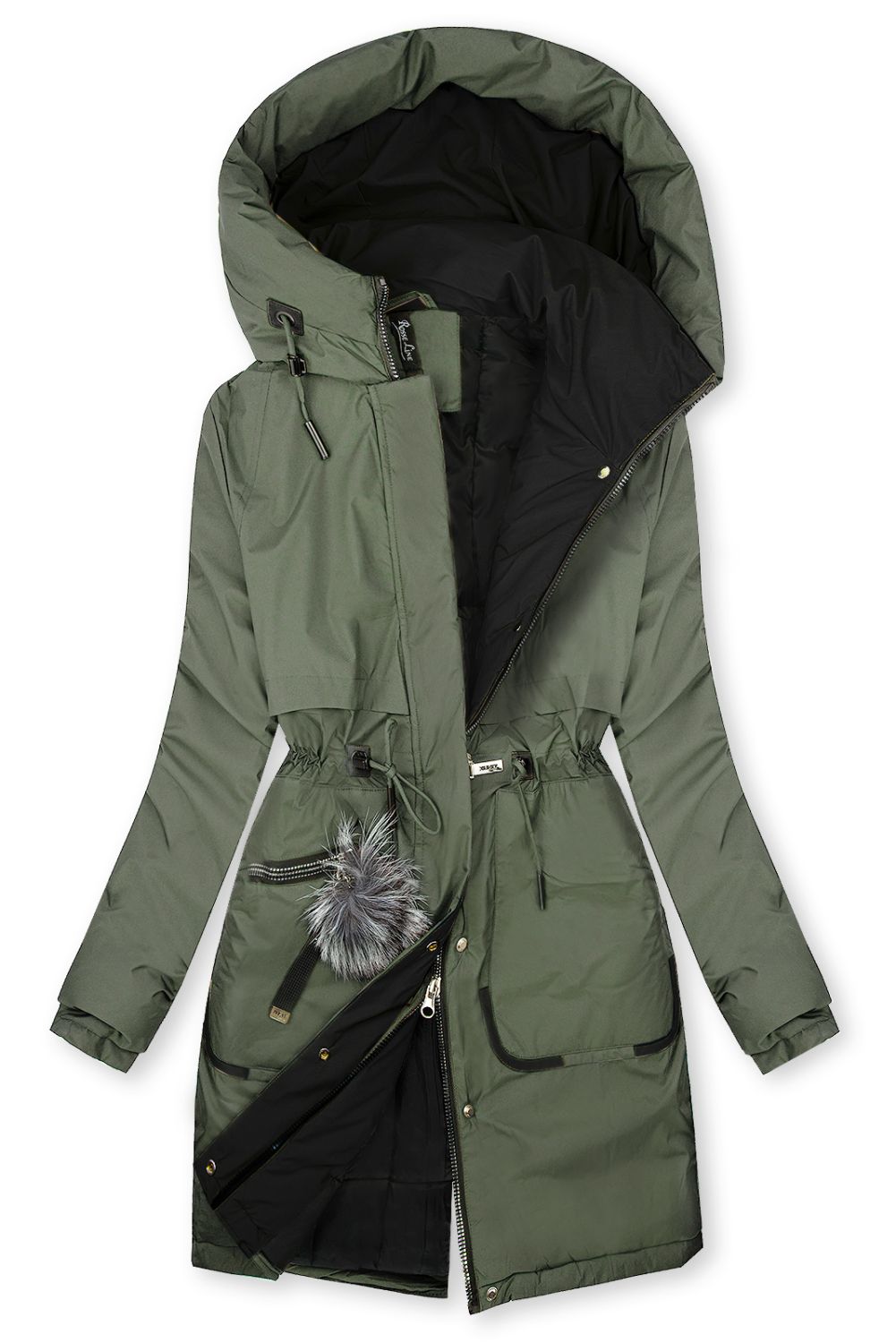 Langer Damen-Winterparka mit verstellbarer Taille Grün