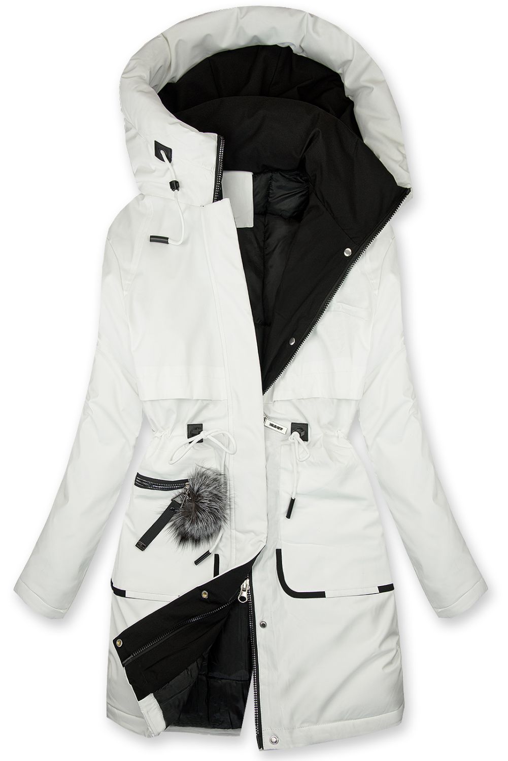 Langer Damen-Winterparka mit verstellbarer Taille Weiß
