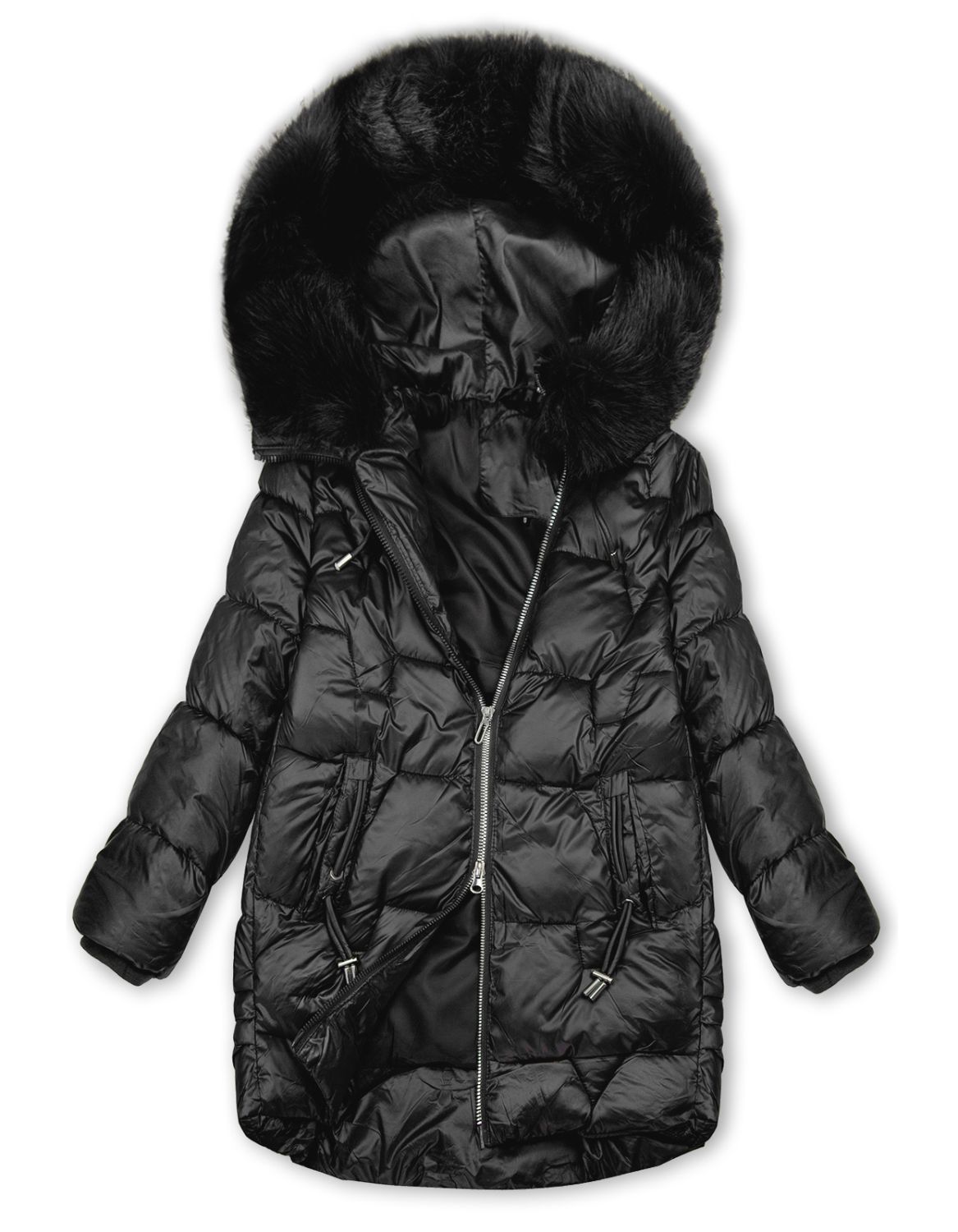 Winterjacke mit Fell, halbglänzend, Schwarz