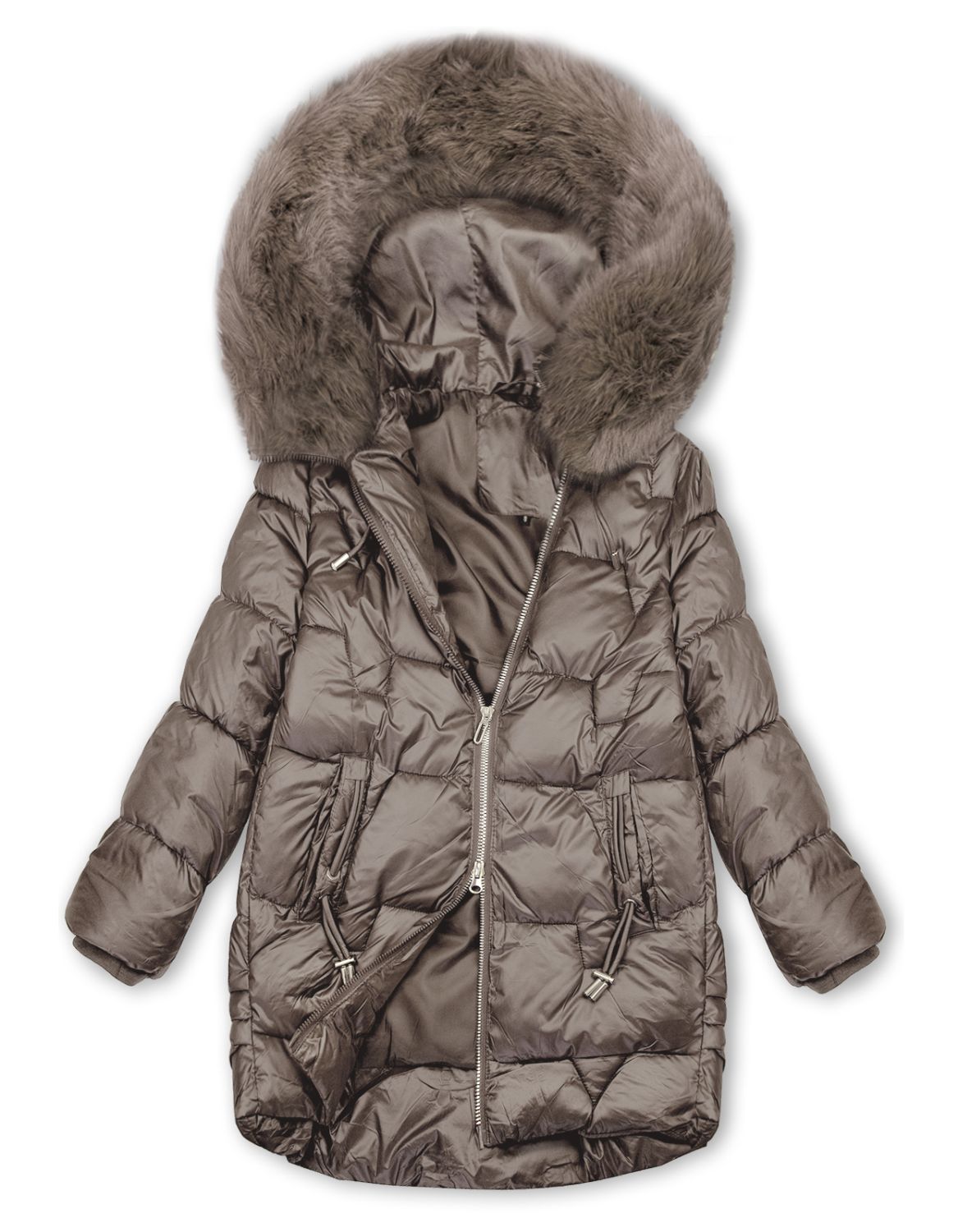 Winterjacke mit Fell, halbglänzend, Dunkelbeige