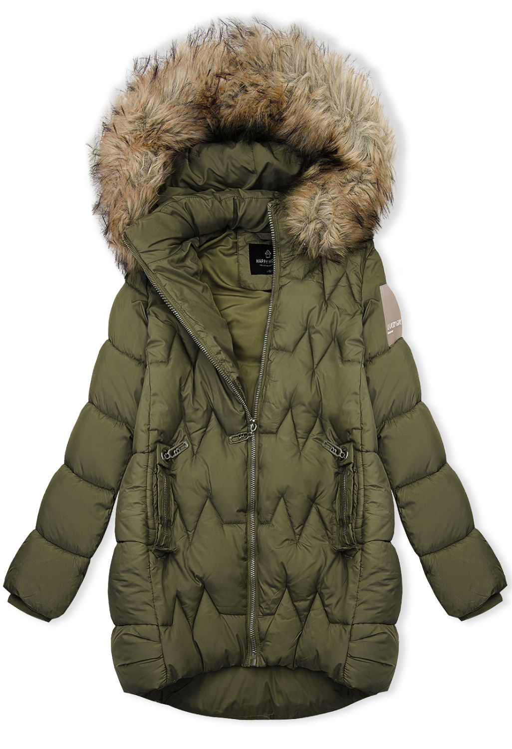 Stepp-Winterjacke mit verlängertem Rücken, Khaki