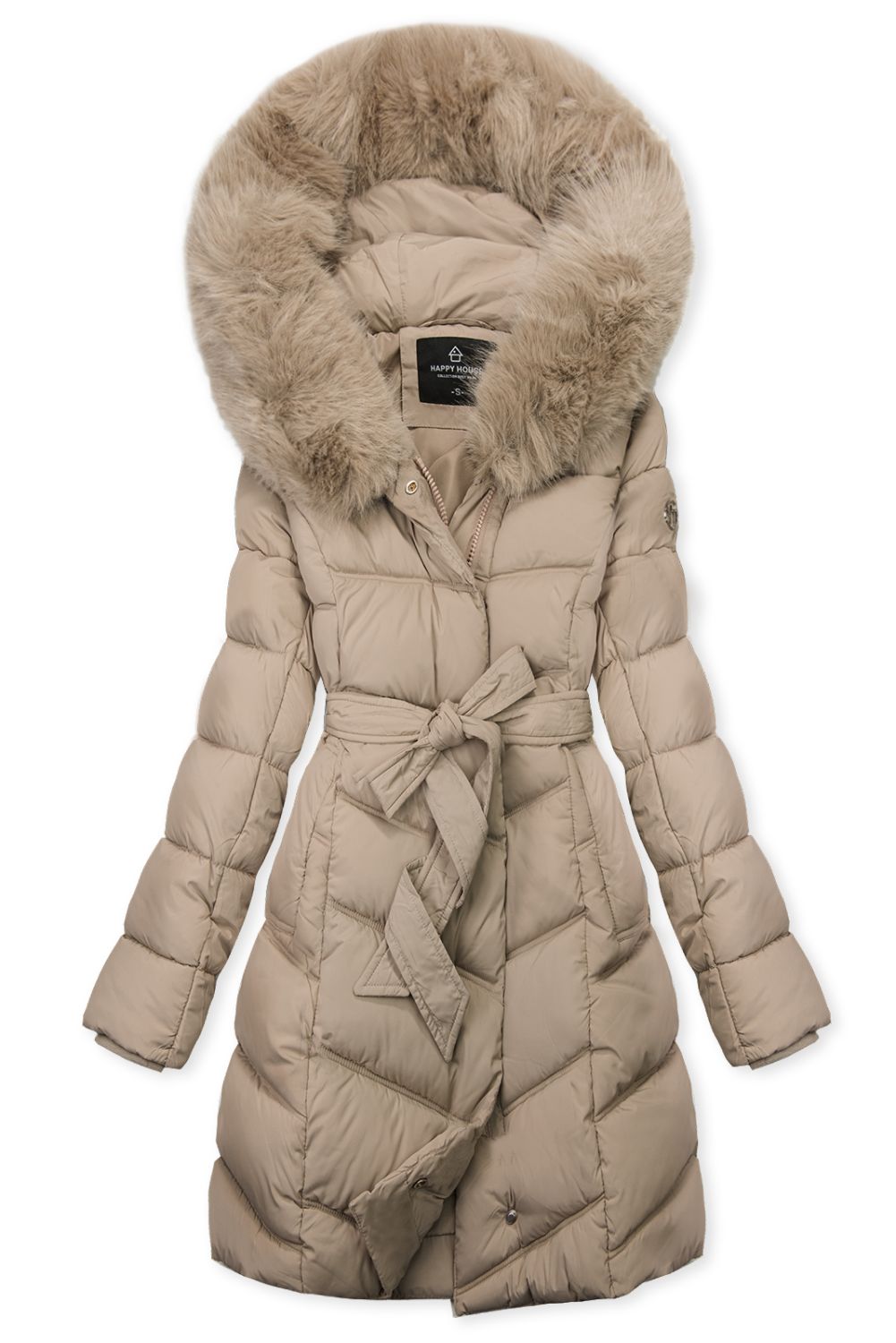 Winterjacke mit Gürtel und Kunstfell Beige