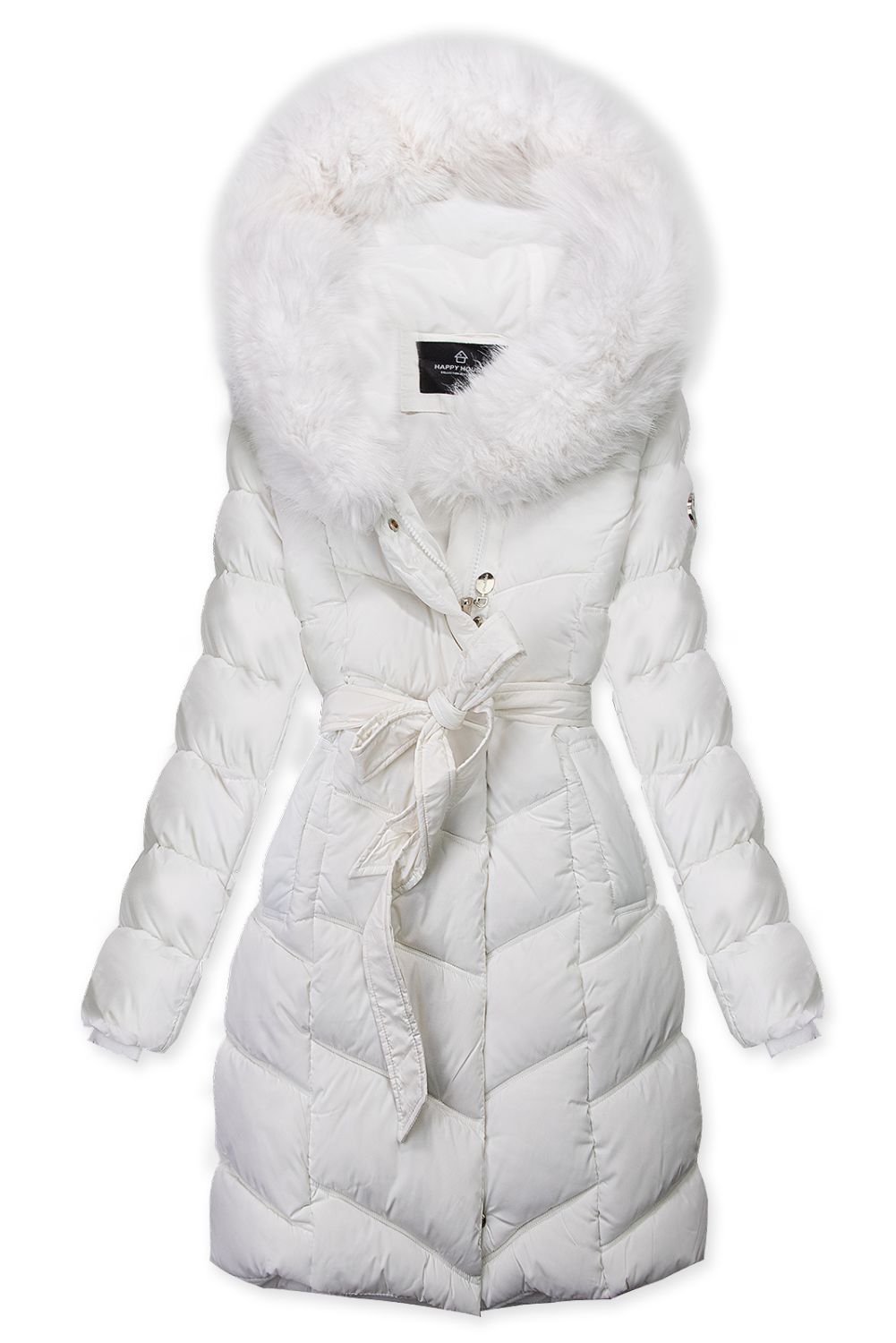 Winterjacke mit Gürtel und Kunstfell Weiß