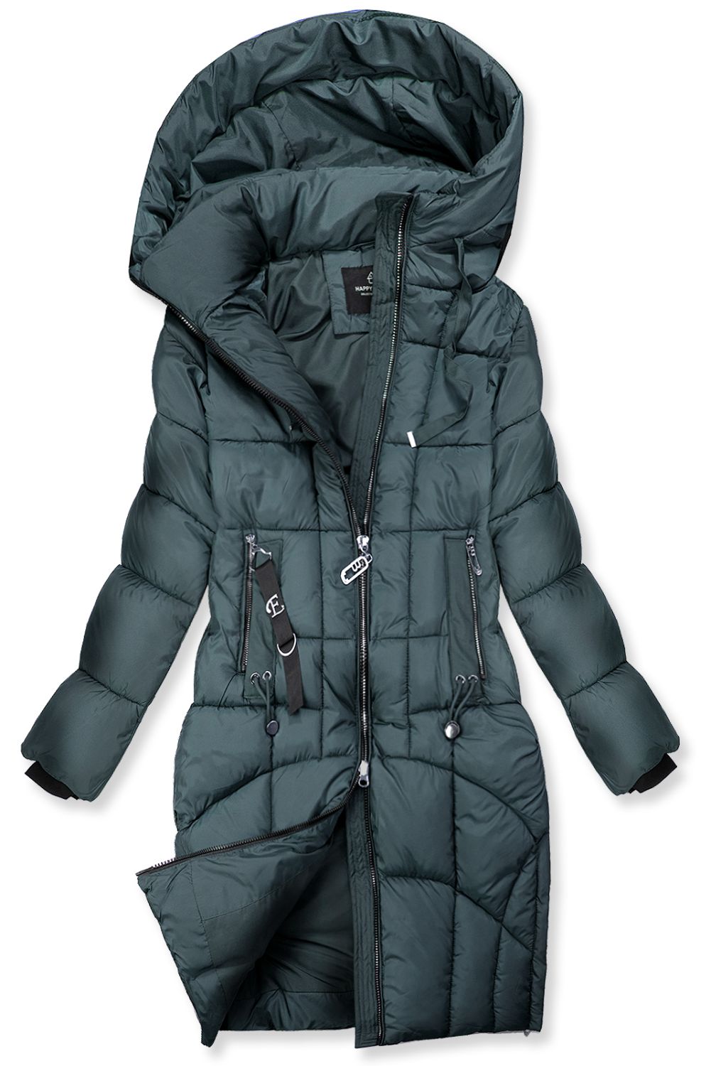 Verlängerter Damen-Wintermantel Petrolgrün