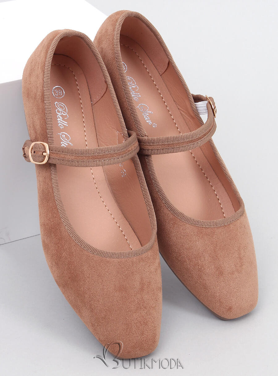 Ballerinas aus Wildleder mit Riemen Beige