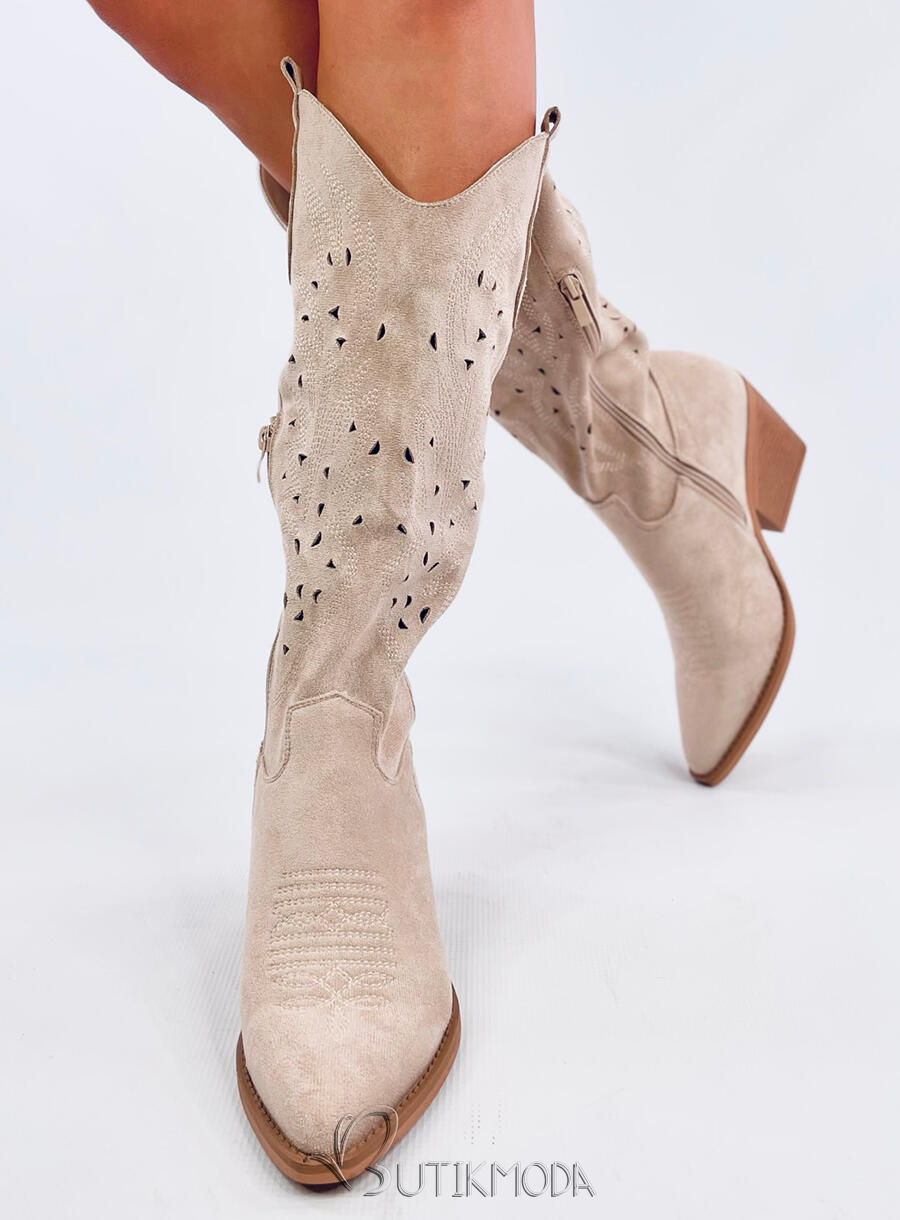 Wildlederstiefel im Cowboy-Stil, Hellbeige