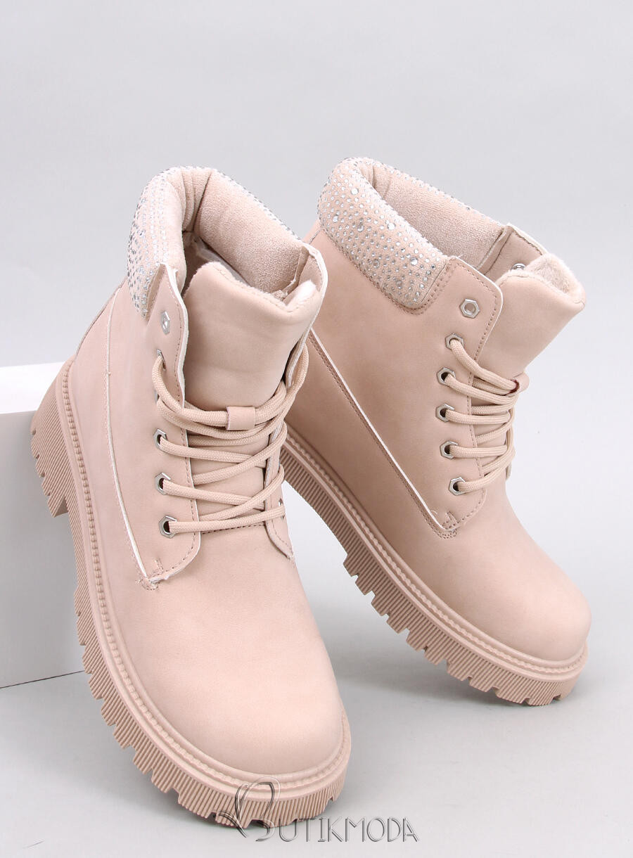 Beige Schnürstiefel mit Strasssteinen verziert