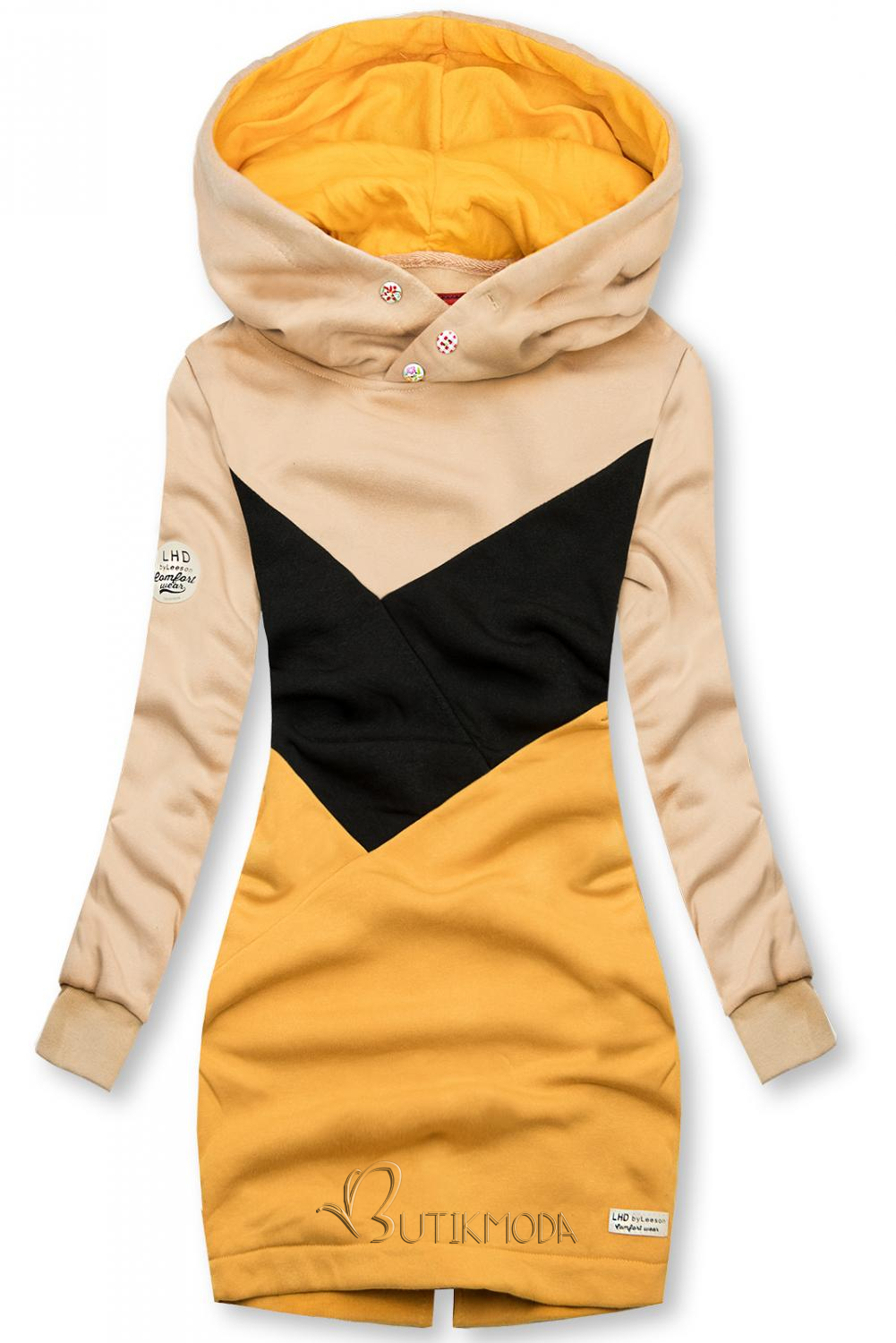 Verlängerte Sweatshirt mit Kapuze beige/schwarz/gelb