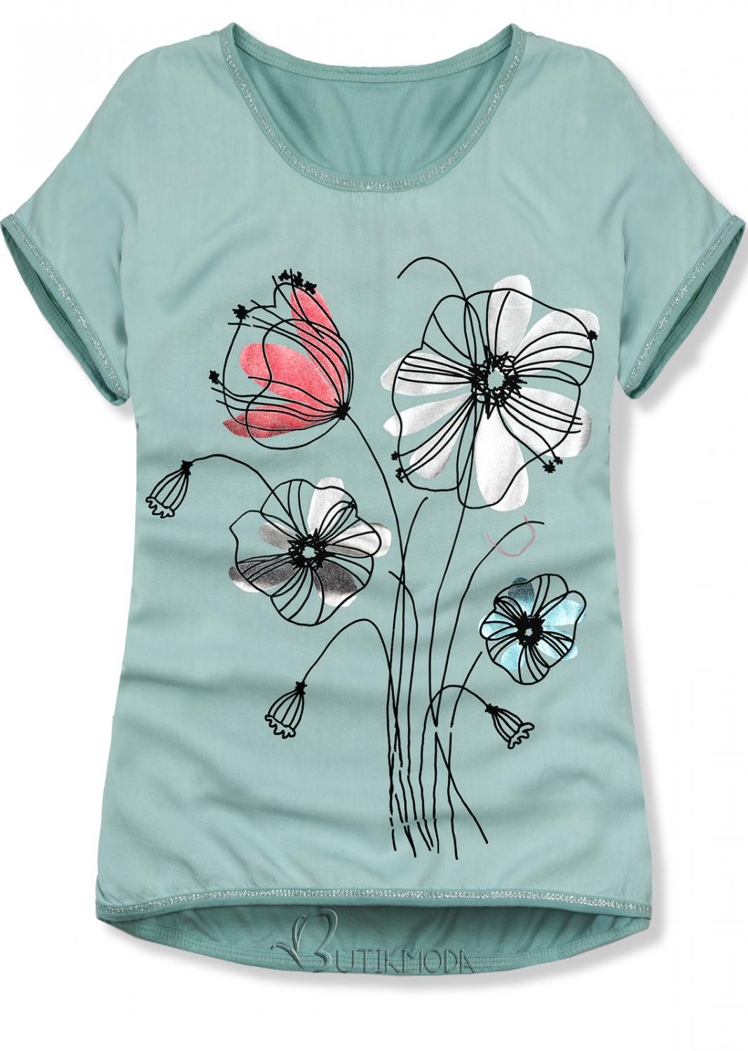 T-Shirt mit Druck - mint/Blumen