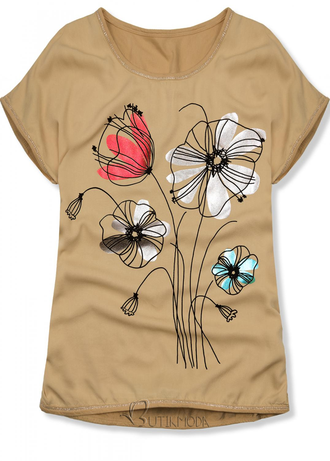 T-Shirt mit Druck - braun/Blumen