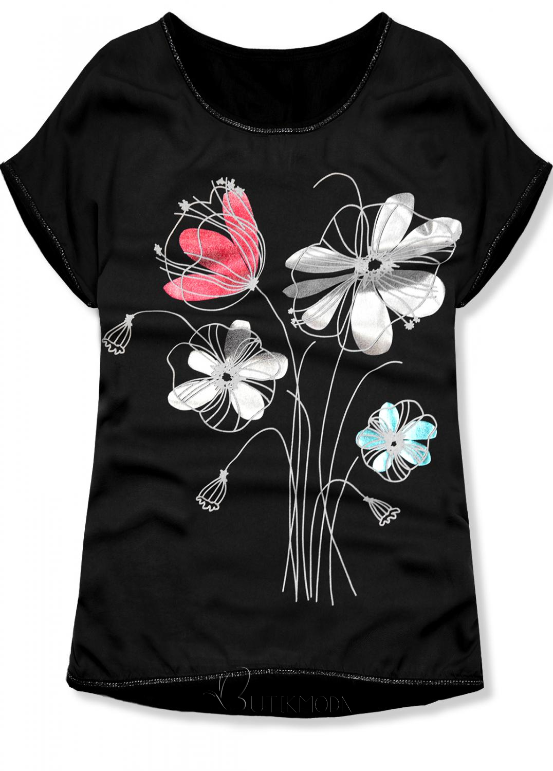 T-Shirt mit Druck - schwarz/Blumen