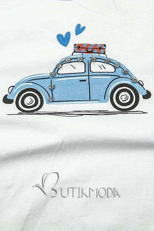 Weißes T-Shirt mit Aufdruck BLUE CAR