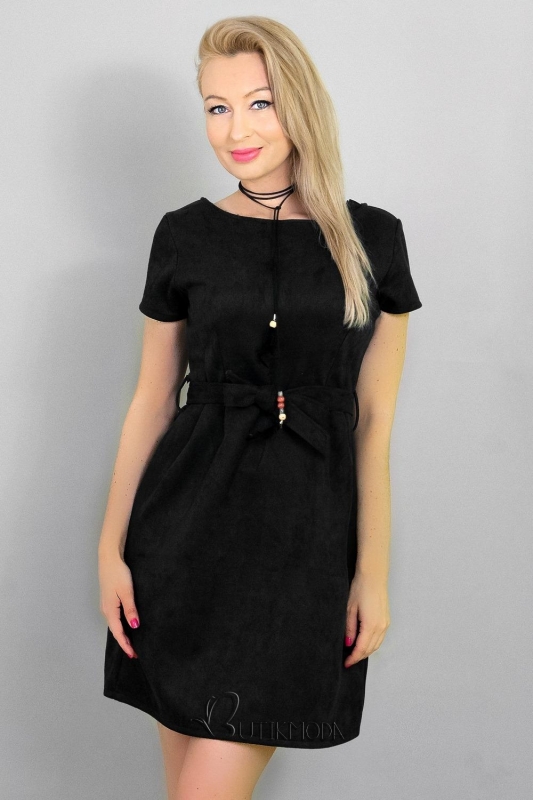 Kleid aus Velourslederimitat mit Schleife schwarz