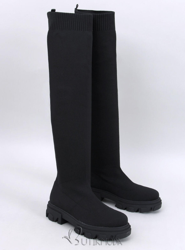 Schwarze Overknee-Stiefel mit elastischem Obermaterial