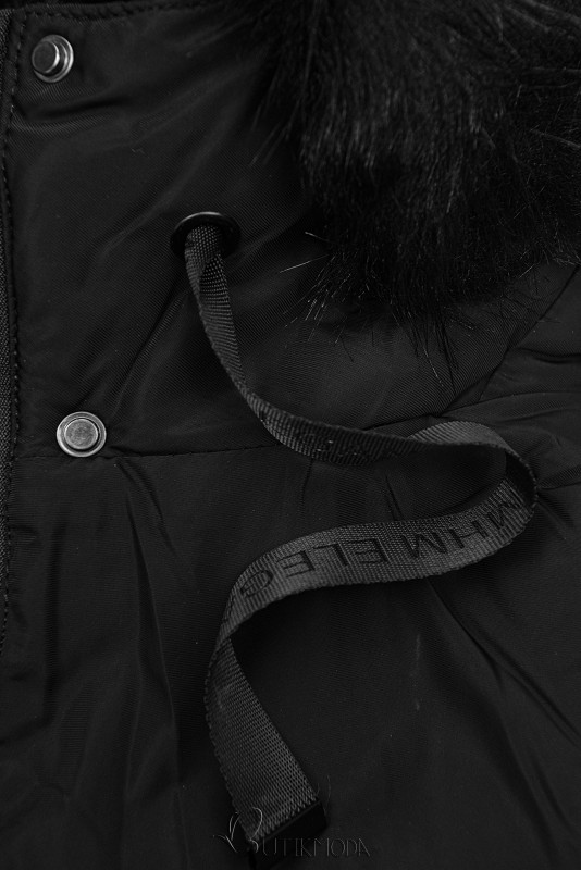 Mantel mit Kapuze und abnehmbarem Kunstfell-Kragen schwarz