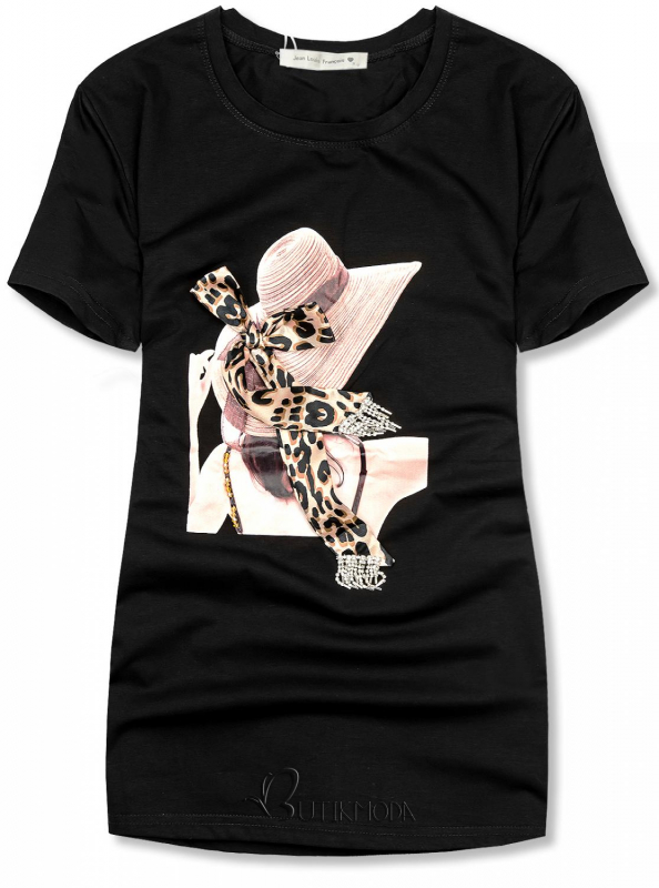 Schwarzes Damen-T-Shirt mit Hutdesign