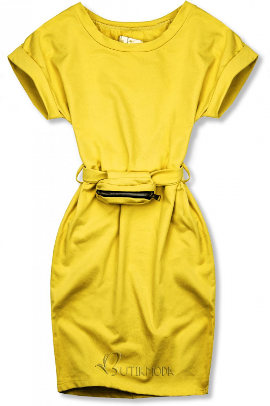 Gelbes Basickleid mit kleiner Tasche in der Taille