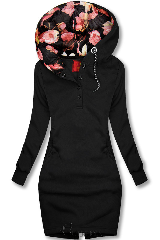 Sweatshirt/Sweatkleid mit Kapuze und Rippbündchen schwarz