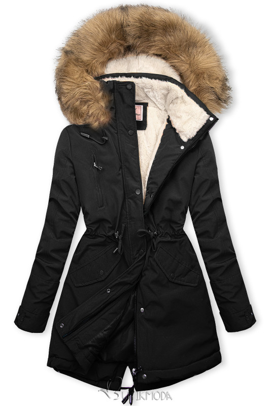 Winter Parkajacke mit Teddy-Futter Schwarz/Ecru