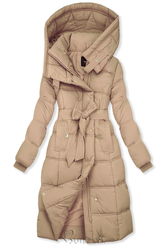 Wintermantel mit hohem Kragen und Kapuze Beige