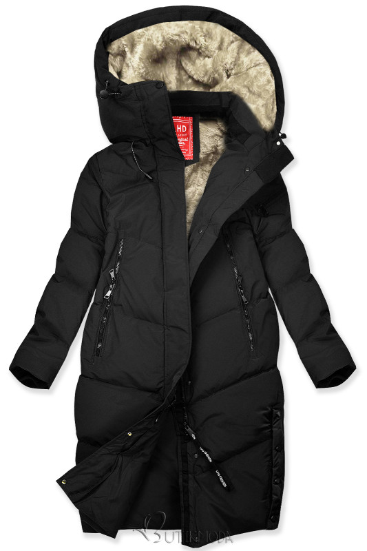 Extra warme lange Winterjacke mit Plüsch Schwarz