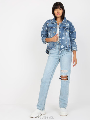 Blaue Damen Jeansjacke mit Druck und Löchern