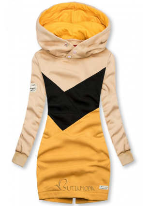 Verlängerte Sweatshirt mit Kapuze beige/schwarz/gelb