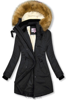 Mantel mit Kapuze und abnehmbarem Kunstfell-Kragen schwarz/beige