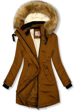 Mantel mit Kapuze und abnehmbarem Kunstfell-Kragen braun