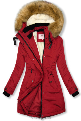 Mantel mit Kapuze und abnehmbarem Kunstfell-Kragen rot