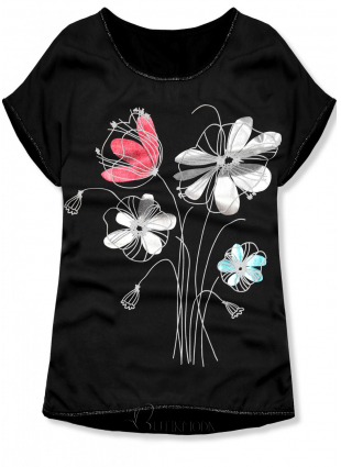 T-Shirt mit Druck - schwarz/Blumen