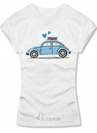 Weißes T-Shirt mit Aufdruck BLUE CAR