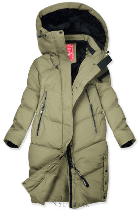 Extra warme lange Winterjacke mit Plüsch Khaki