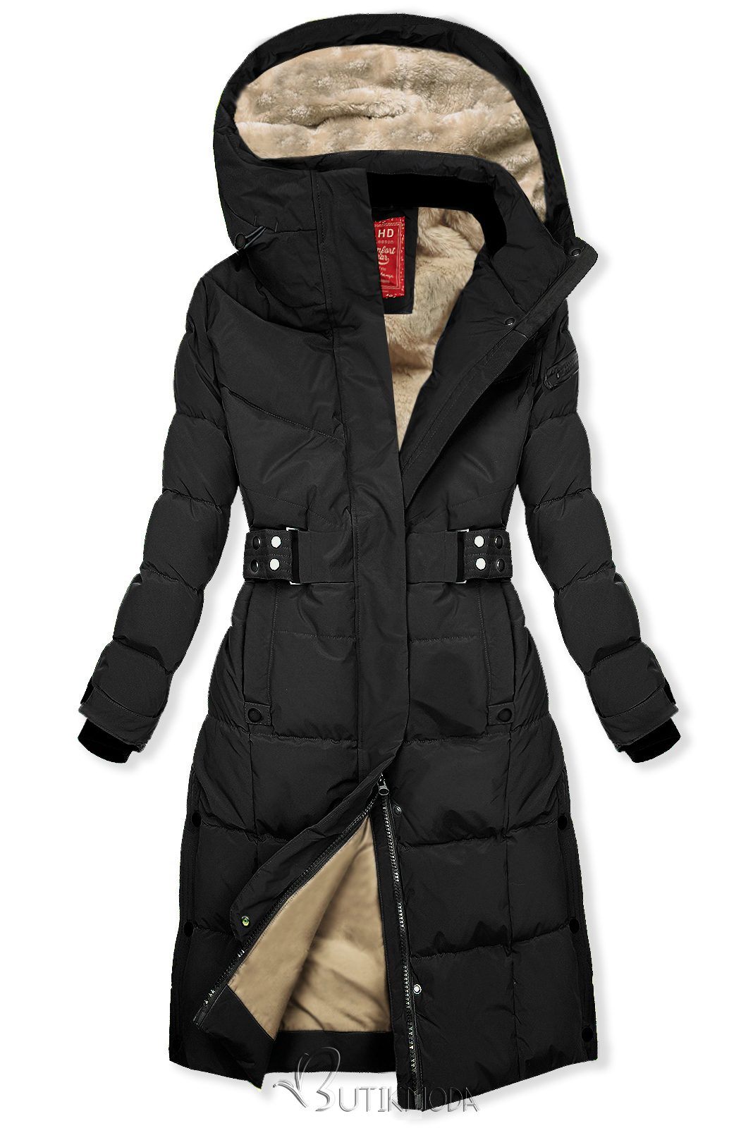 Schwarz/beige Winterjacke mit Gürtel