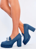 Mokassins mit Absatz und Kristallen Blau
