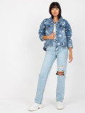 Blaue Damen Jeansjacke mit Druck und Löchern