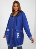 Dunkelblaue lange Reißverschlussjacke mit Aufdrucken und Applikationen
