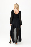 Asymmetrisches schwarzes Maxi-Kleid mit langen Ärmeln