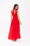 Langes rotes Kleid mit Wickelausschnitt und Rückenschnürung
