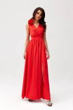 Satin-Maxikleid mit dekorativer Rose, rot
