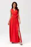 Satin-Maxikleid mit dekorativer Rose, rot