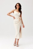 Midi-Kleid mit Drapierung und Zierrose in hellem Beige