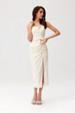 Midi-Kleid mit Drapierung und Zierrose in hellem Beige