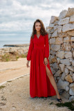 Chiffon-Maxikleid mit langen Ärmeln und Rückenschnürung – rot