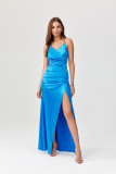 Langes Kleid mit offenem Rücken und Trägern, Satin, kornblumenblau