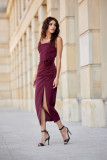 Midi-Kleid mit Drapierung und Zierrose in Bordeaux