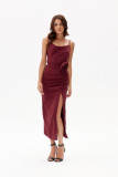 Midi-Kleid mit Drapierung und Zierrose in Bordeaux